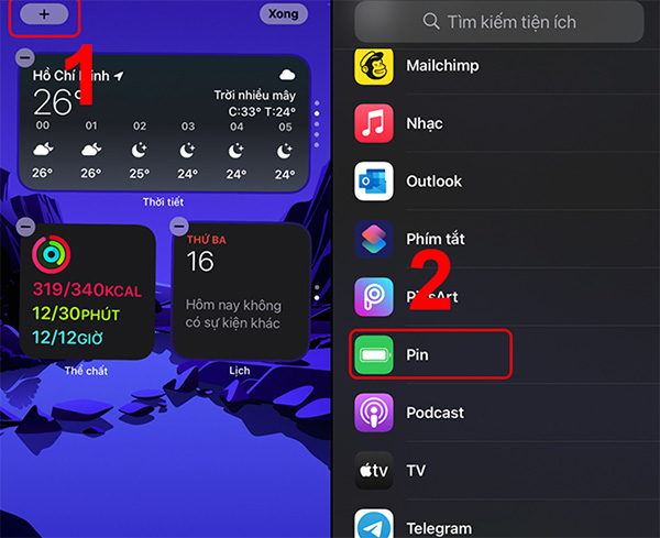 Thêm widget pin trên màn hình chính iPhone 11 hiển thị tình trạng pin iPhone