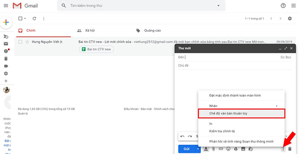 Thiết lập thư Gmail gửi ở dạng văn bản đơn thuầnThiết lập thư Gmail gửi ở dạng văn bản đơn thuần