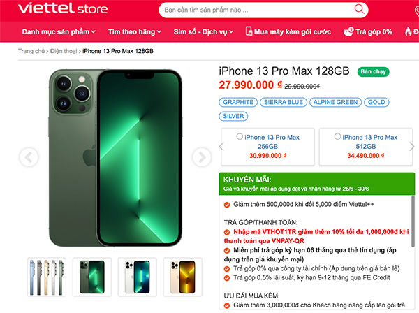 Giá bán iPhone 13 Pro Max 128GB chính hãng tại Viettel Store