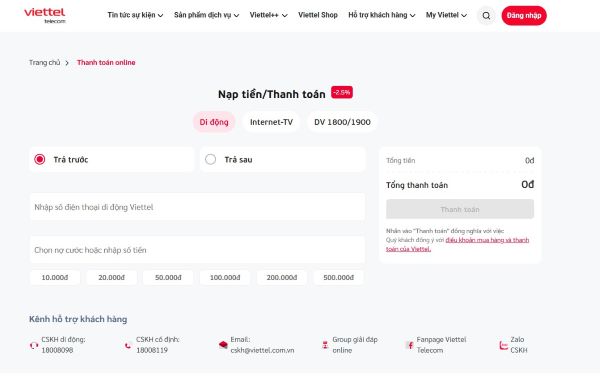 Nạp thẻ qua website Viettel