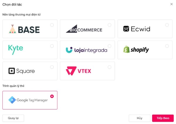 Chọn Tự động thiết lập sự kiện web thông qua đối tác